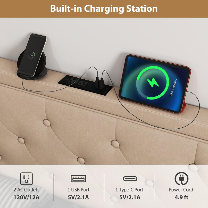 Tête de lit Giantex avec station de charge Grand lit/lit double (capitonnage à losanges avec station de charge)