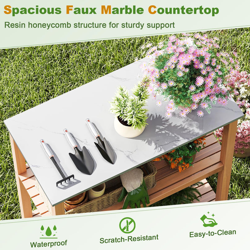 Giantex 3 Tier Outdoor Potting Bench with Faux Marble Tabletop