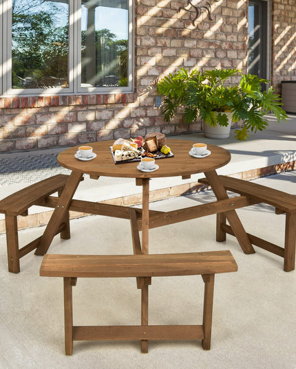 Giantex Wooden Picnic Table for 6 Person, Round Outdoor Table with 3 Benches, Umbrella Hole