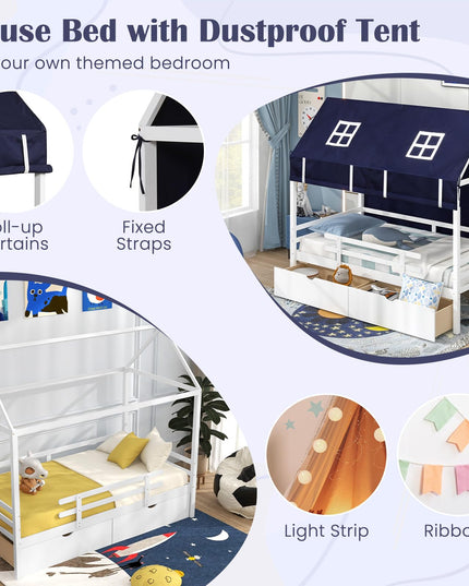 Giantex Twin House Bed with Tent, Wood Kids Bed with 2 Storage Drawers, Solid Wood Daybed Frame with Rails and Roof