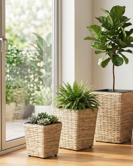 Giantex 3-Piece Rattan Planter Box Kit for Indoor & Outdoor Plants