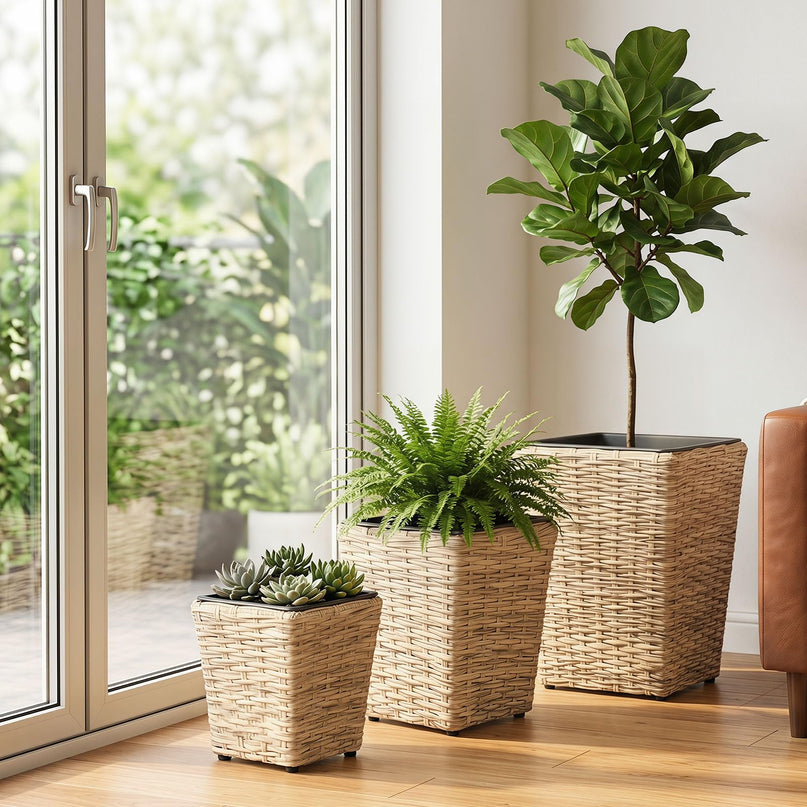 Giantex 3-Piece Rattan Planter Box Kit for Indoor & Outdoor Plants