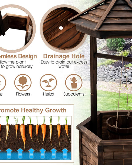 Giantex Rustic Wooden Wishing Well Planter with Hanging Bucket, Roof Shadow