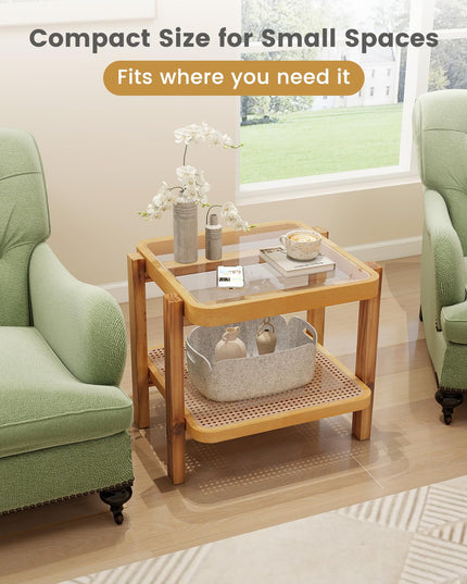 Giantex Rattan Side Table, Boho End Table for Living Room, Narrow Bedside Table with Tempered Glass Top