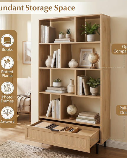 GIANTEX 64" Tall Bookshelf with Rattan Drawer