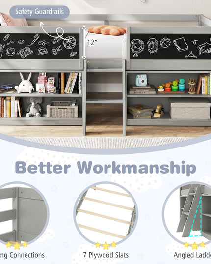 Giantex Low Loft Bed Twin Size, Wooden Loft Bed with Ladder & Blackboard
