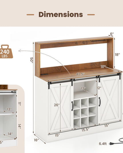 Giantex Farmhouse Buffet Cabinet with Hutch, Charging Station, 9 Bottle Wine Rack, Cup Glass Holder