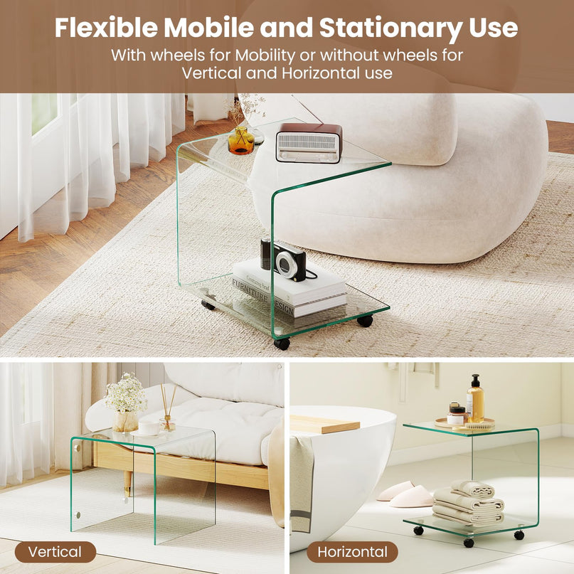 Table d'appoint en C Giantex avec roulettes – Table d'appoint mobile en verre trempé pour canapé, lot de 1 ou 2