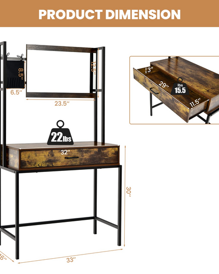 CHARMAID Rustic Vanity Table with 3-Height Adjustable Mirror, Large Drawer