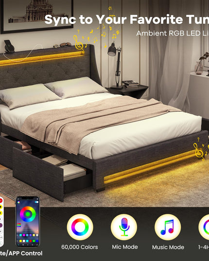 Giantex Bed Frame with LED Lights & Charging Station, Upholstered Platform Bed with Wingback Headboard