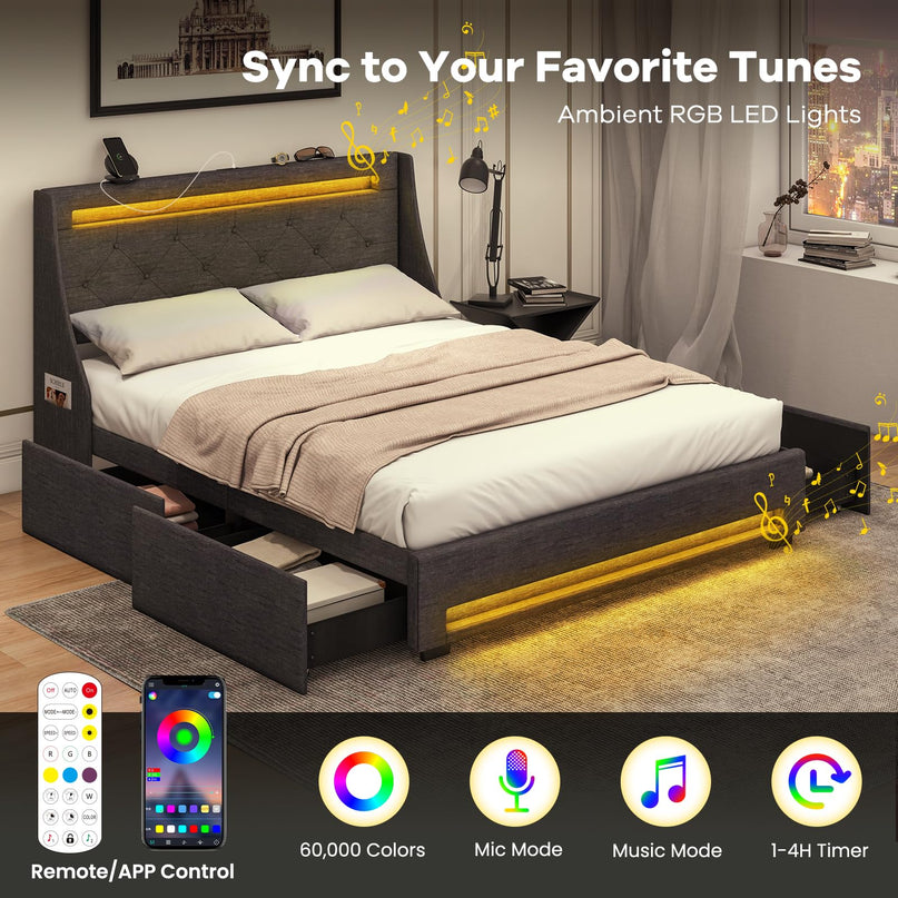 Giantex Bed Frame with LED Lights & Charging Station, Upholstered Platform Bed with Wingback Headboard