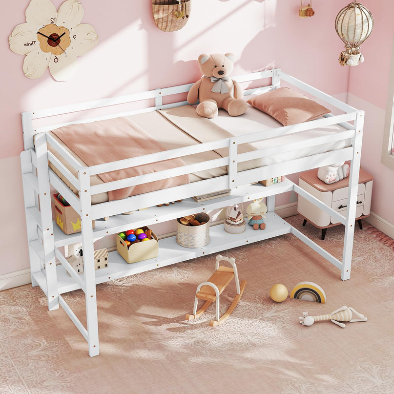 Giantex Twin Wooden Loft Bed with Full-Length Guardrails & Ladder