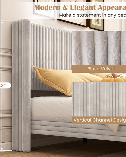 Giantex Queen Velvet Bed Frame with Vertical Tufted Wingback Headboard