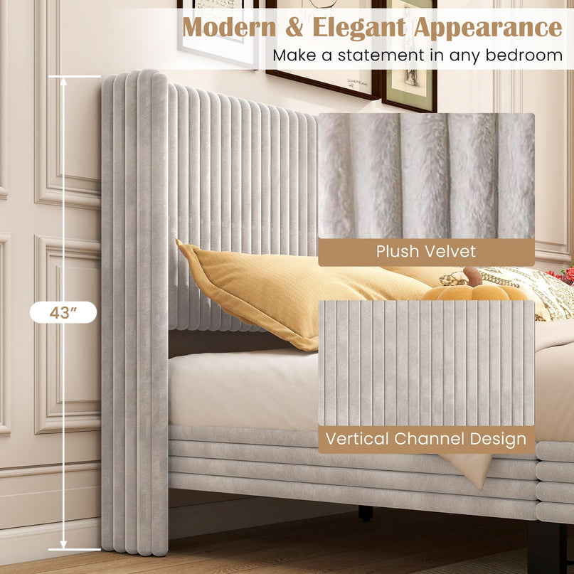 Giantex Queen Velvet Bed Frame with Vertical Tufted Wingback Headboard