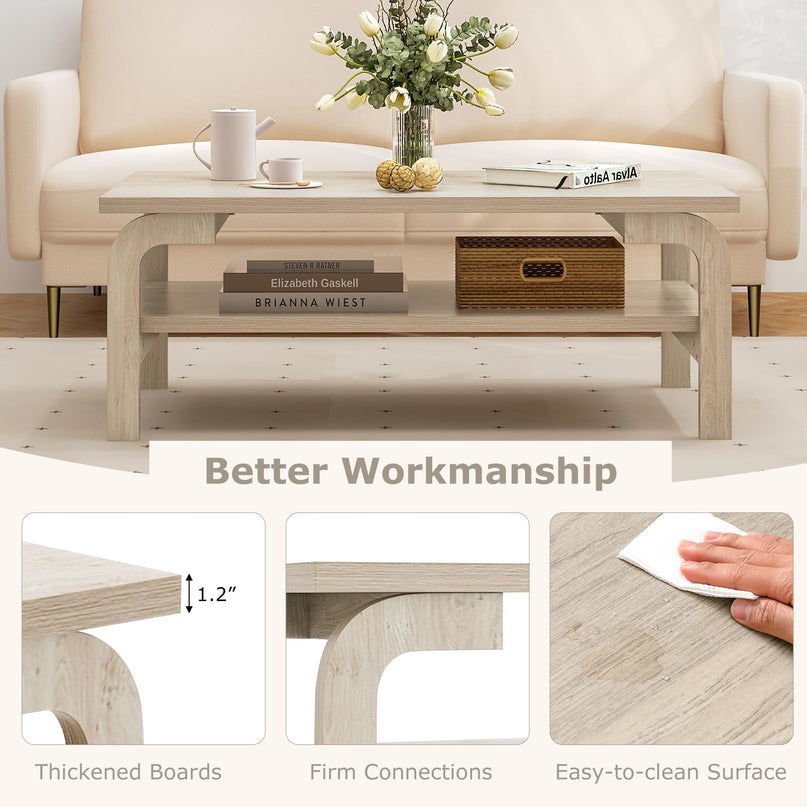 Giantex 2-Tier Coffee Table with Storage, 47” Mid Century Rectangle Accent Table with Open Shelf