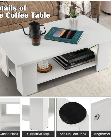 Giantex Wood Coffee Table w/Storage Shelf, 36"L 2-Tier Large Modern Tea Table, White