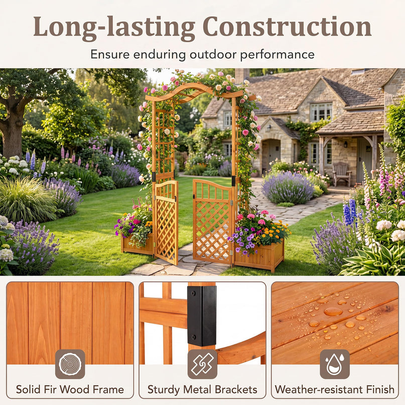 Giantex 83" Garden Arbor with Gate and 2 Planter Boxes