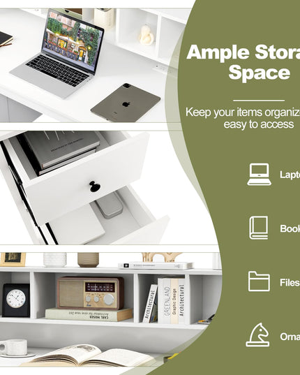 Giantex White Desk with Drawers and Power Outlet, 48" Home Office Computer Desk with 5-Cubby Hutch