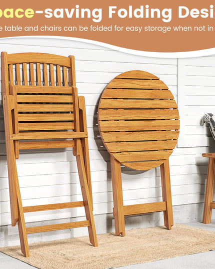 Giantex Patio Bistro Set 3 Pieces, Outdoor Acacia Wood Folding Table & Chairs Set with 2 Padded Cushions