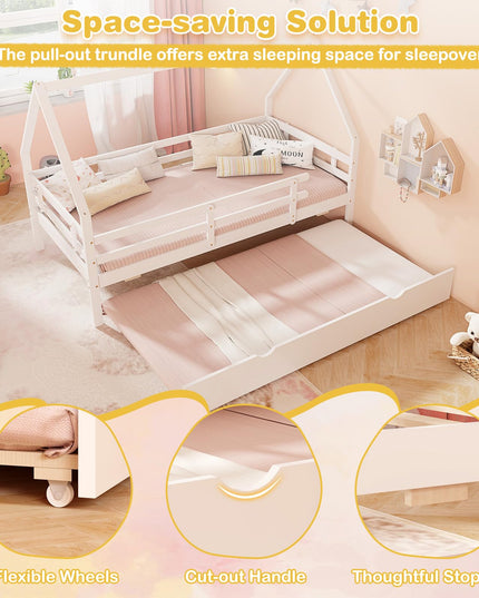 Giantex Twin House Bed with Trundle, Wood Kids Bed Frame with Roof & Fence Rails