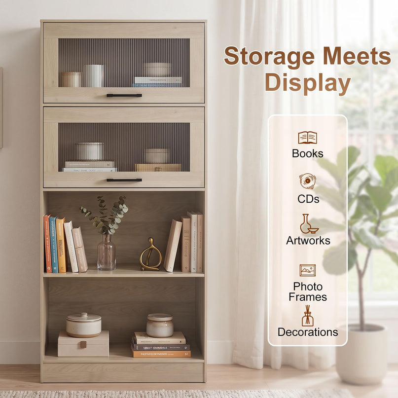 Giantex 4-Tier Tall Bookcase with Flip-up Doors