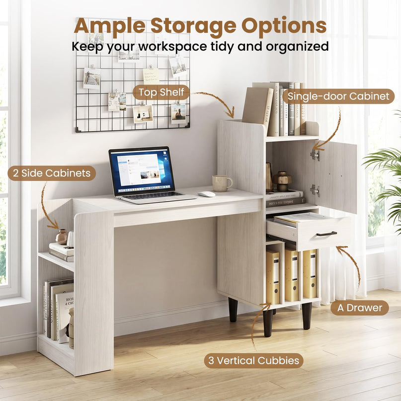 Giantex 59" Modern Computer Desk with Side Storage Shelves