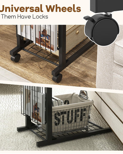 Giantex C Shaped End Table with Wheels, Height Adjustable Mobile Couch Snack Side Table with Storage Shelf