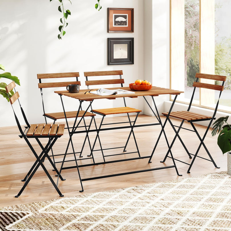 Giantex Acacia Wood Bistro Table with 4 Folding Patio Chairs for Yard Porch Garden Poolside