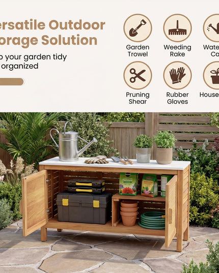 Giantex Acacia Wood Outdoor Cabinet w/Faux Marble Top