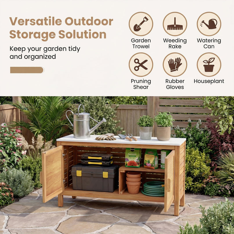 Giantex Acacia Wood Outdoor Cabinet w/Faux Marble Top