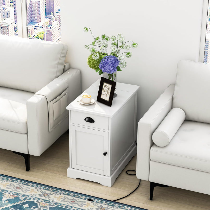 Giantex End Table with Charging Station Set of 2, Flip Top Side Table with USB Ports and Outlets, White