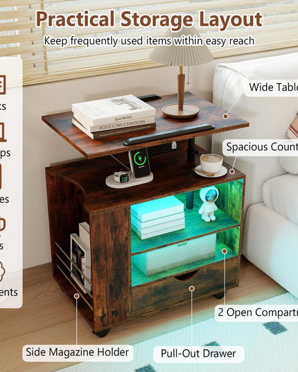 GIANTEX LED Rolling Nightstand with Charging Station & Laptop Tray