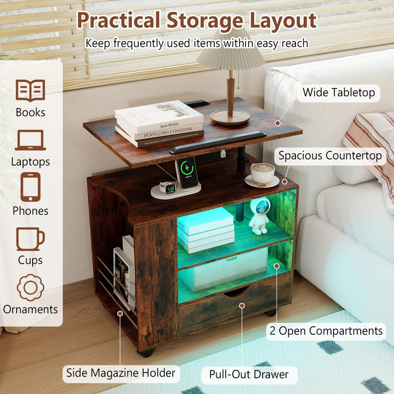 GIANTEX LED Rolling Nightstand with Charging Station & Laptop Tray