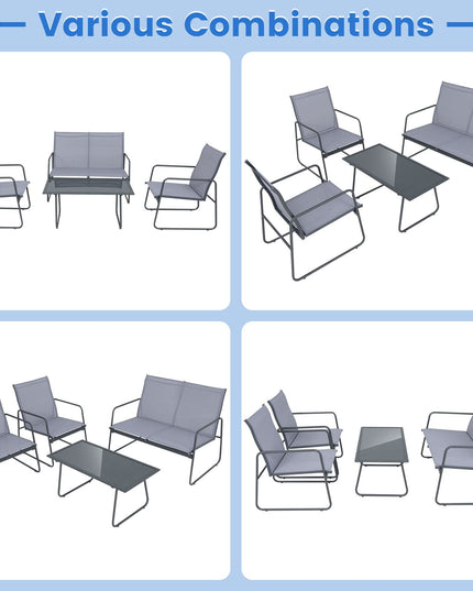 Giantex 4 Pieces Patio Furniture Set, Outdoor Conversation Set with 2 Patio Dining Chairs, Tempered Glass Coffee Table