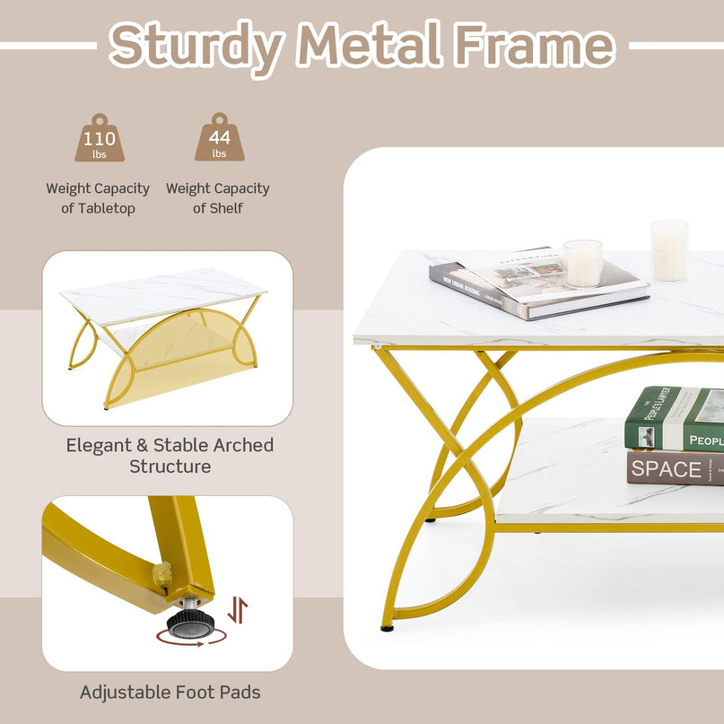 Giantex 2-Tier Rectangular Coffee Table, Modern Chic Cocktail Table with Open Storage Shelf, White/Gold