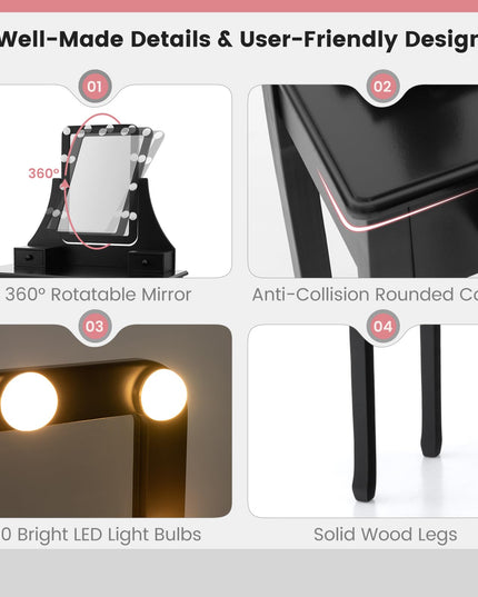 CHARMAID Makeup Vanity Desk with Lighted Mirror, 3 Color Lighting Modes, Adjustable Brightness, 3 Drawers