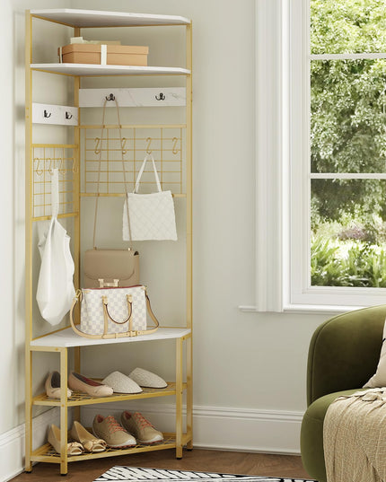 Giantex Corner Hall Tree, 73" Tall Coat Rack w/Shoe Storage Bench, 12 Metal Hooks, 5-Tier Entryway Shoes Shelf Organizer