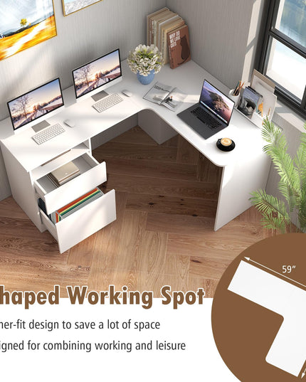 Giantex L Shaped Computer Desk with Drawers, 59" Corner Desk Workstation with Storage Shelf & Cable Holes