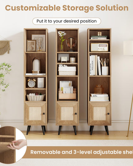 Giantex Bibliothèque Haute et Étroite à 6 Niveaux | Meuble de Rangement Mince de 137 cm avec Étagère Réglable et Porte en Rotin Style Bohème