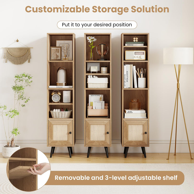Giantex Bibliothèque Haute et Étroite à 6 Niveaux | Meuble de Rangement Mince de 137 cm avec Étagère Réglable et Porte en Rotin Style Bohème
