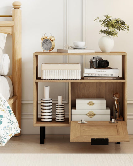 Giantex Rattan End Table with Cabinet Boho Nightstand