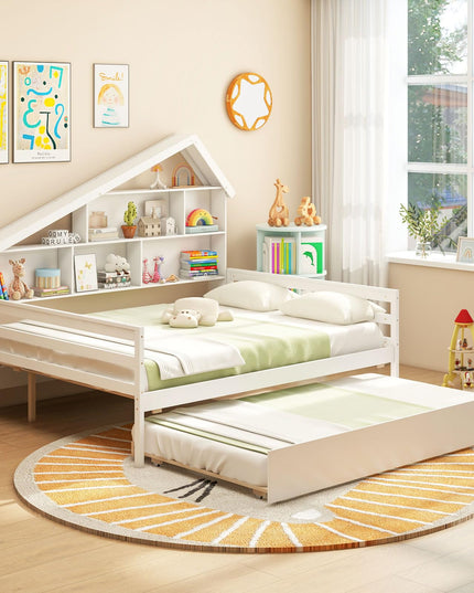 Giantex Full House Bed with Twin Trundle, Wood Daybed with 5 Cube Storage Bookcase & Headboard
