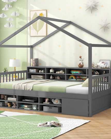 Giantex Twin Size House Bed with Storage, Wooden Montessori House Bed with 14 Storage Cubes