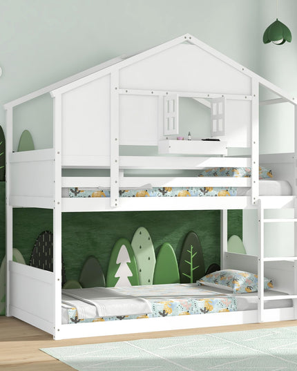 Giantex Bunk Bed Twin Over Twin, Wood House Bed for Kids with Roof, Window Door, White