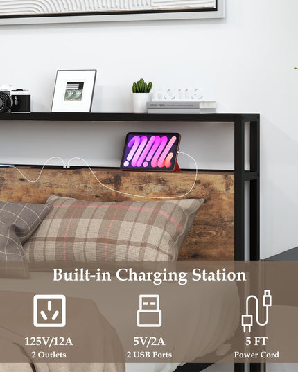 Giantex Full Bed Frame with Storage Headboard and Charging Station, with Outlets and USB Ports