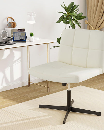 Giantex Criss Cross Chair, PU Leather Cross Legged Office Chair No Wheels, Height-adjustable Swivel Vanity Chair with U-shaped Seat