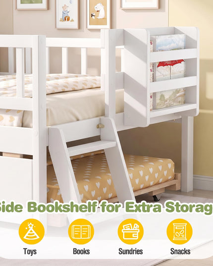 GIANTEX Trundle Bed Twin Size with Bookshelf 2-Step Ladder for Kids