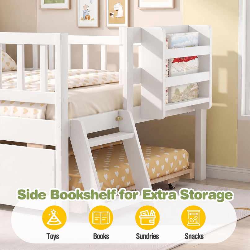 GIANTEX Trundle Bed Twin Size with Bookshelf 2-Step Ladder for Kids