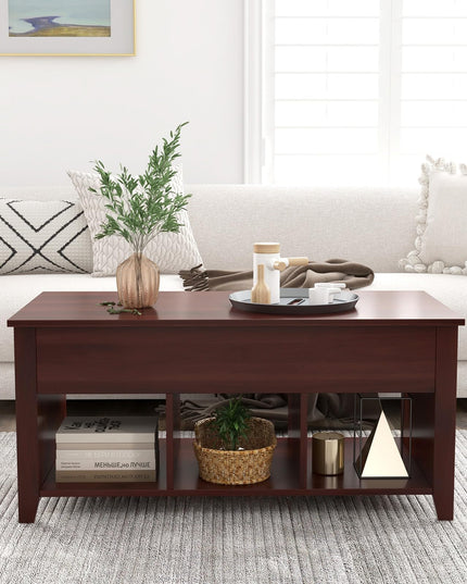 Giantex Lift Top Coffee Table - Rectangular Wooden Table w/Hidden Compartment & Open Storage Shelves