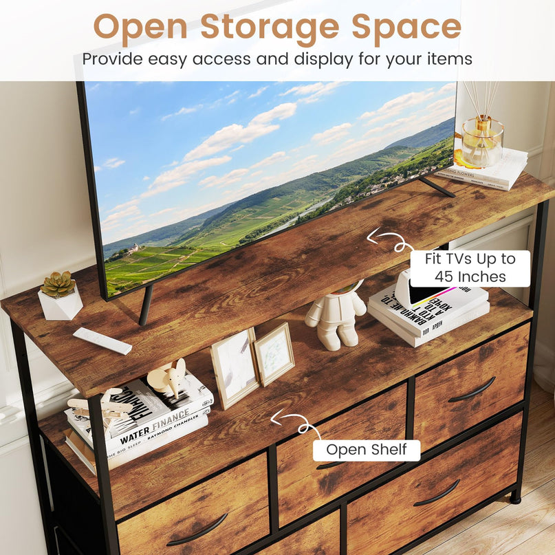 Giantex TV Stand for 45 Inch TV | 5 Fabric Drawer Entertainment Center with Open Shelf